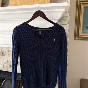 Ralph Lauren Navy V-Neck Cable Knit Sweater Size Small Very Good Condition